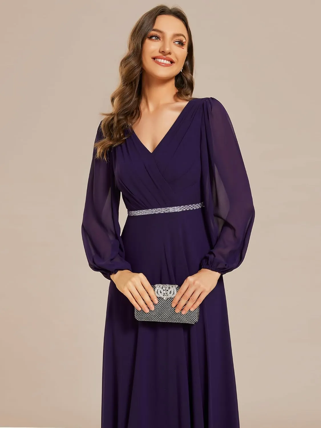 Ever-Pretty Women's Formal Dresses Long Sleeve V Neck Empire Waist A Line Beading Floor Length Wedding Guest Dress 01981