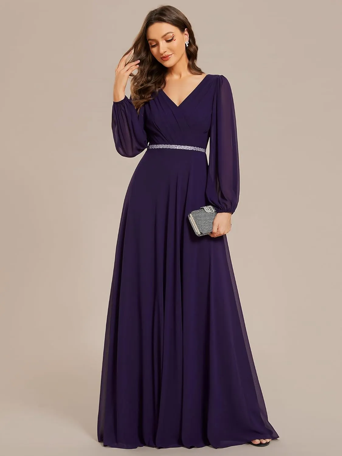 Ever-Pretty Women's Formal Dresses Long Sleeve V Neck Empire Waist A Line Beading Floor Length Wedding Guest Dress 01981