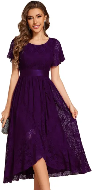 Ever-Pretty Women's Lace Short Sleeve Round Neck Empire Waist Midi High Low Evening Gown 03489