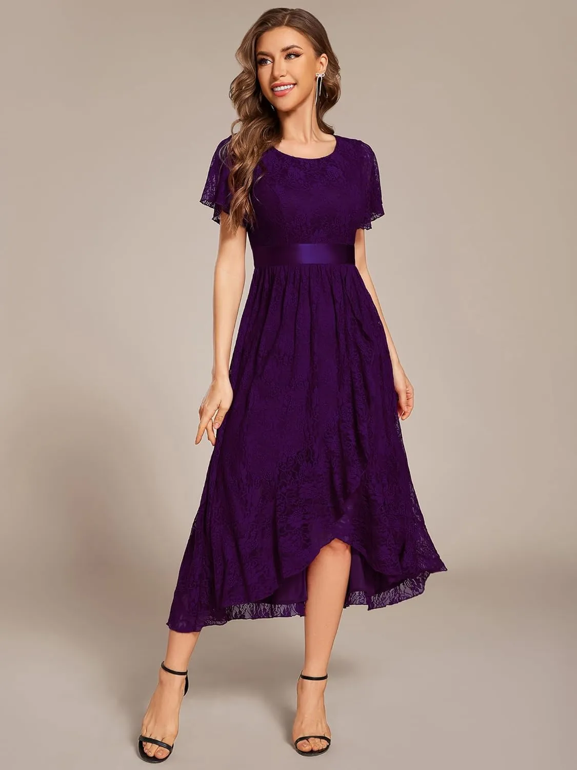 Ever-Pretty Women's Lace Short Sleeve Round Neck Empire Waist Midi High Low Evening Gown 03489