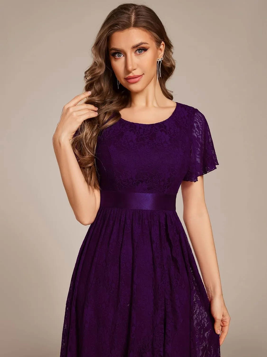Ever-Pretty Women's Lace Short Sleeve Round Neck Empire Waist Midi High Low Evening Gown 03489