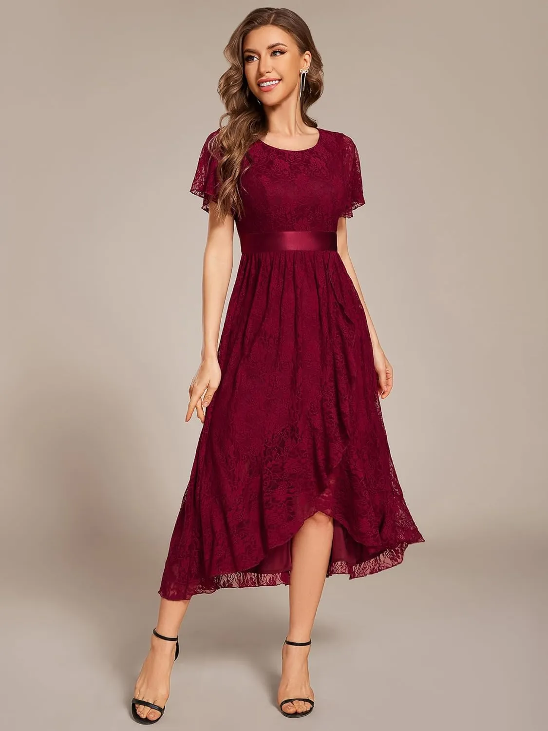 Ever-Pretty Women's Lace Short Sleeve Round Neck Empire Waist Midi High Low Evening Gown 03489