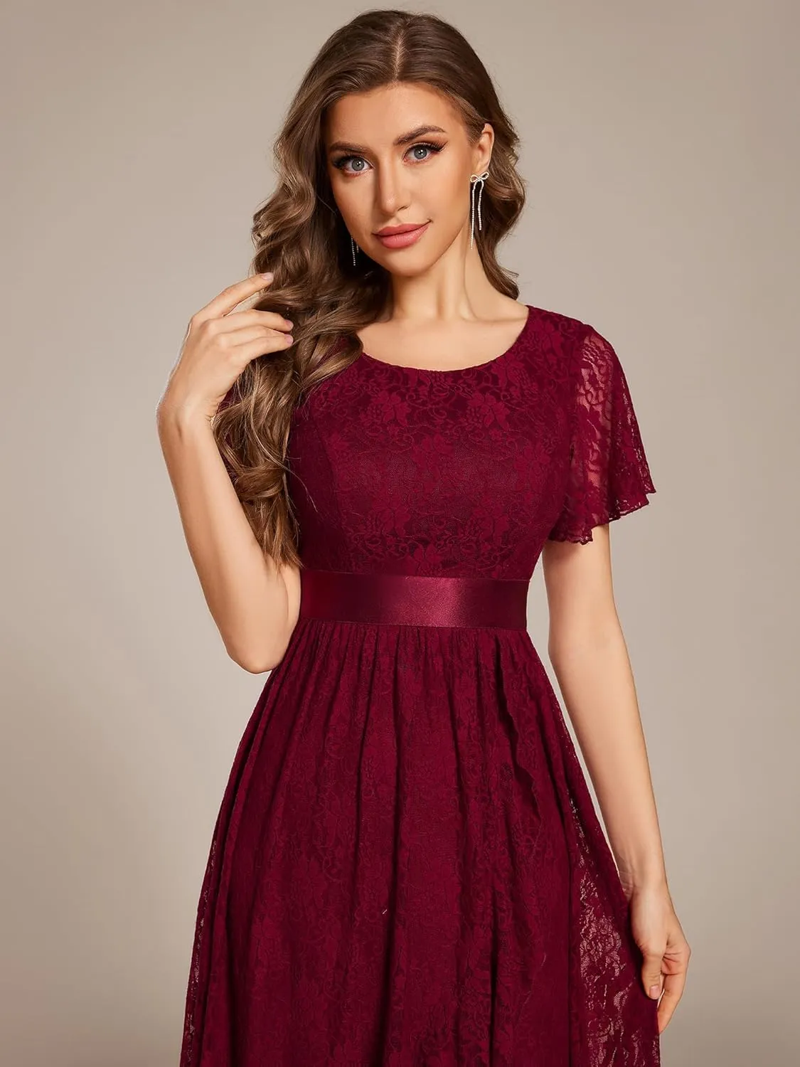 Ever-Pretty Women's Lace Short Sleeve Round Neck Empire Waist Midi High Low Evening Gown 03489