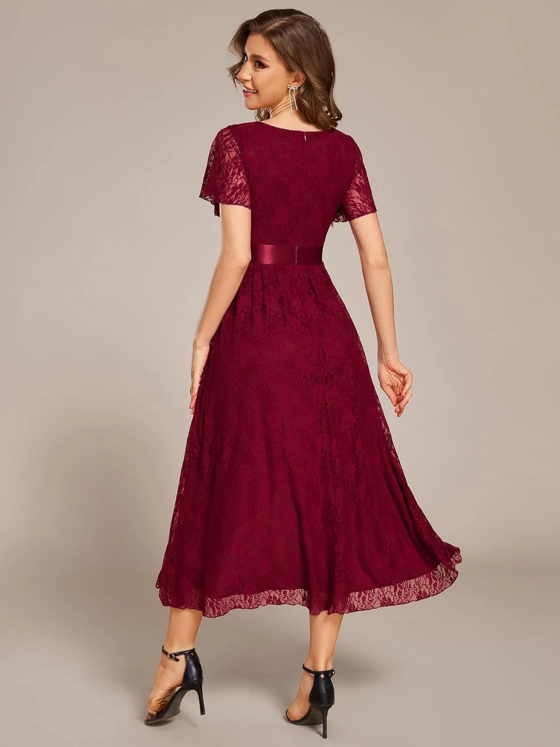 Ever-Pretty Women's Lace Short Sleeve Round Neck Empire Waist Midi High Low Evening Gown 03489