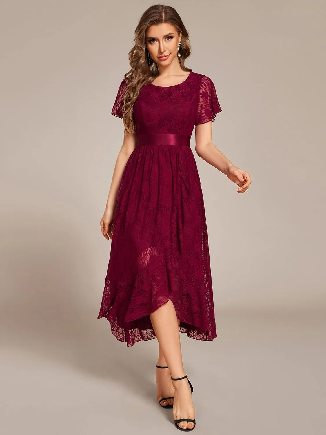 Ever-Pretty Women's Lace Short Sleeve Round Neck Empire Waist Midi High Low Evening Gown 03489