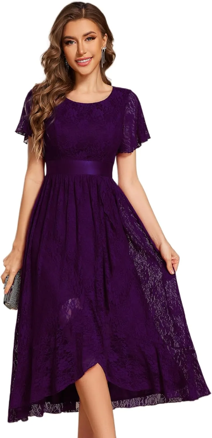 Ever-Pretty Women's Lace Short Sleeve Round Neck Empire Waist Midi High Low Evening Gown 03489