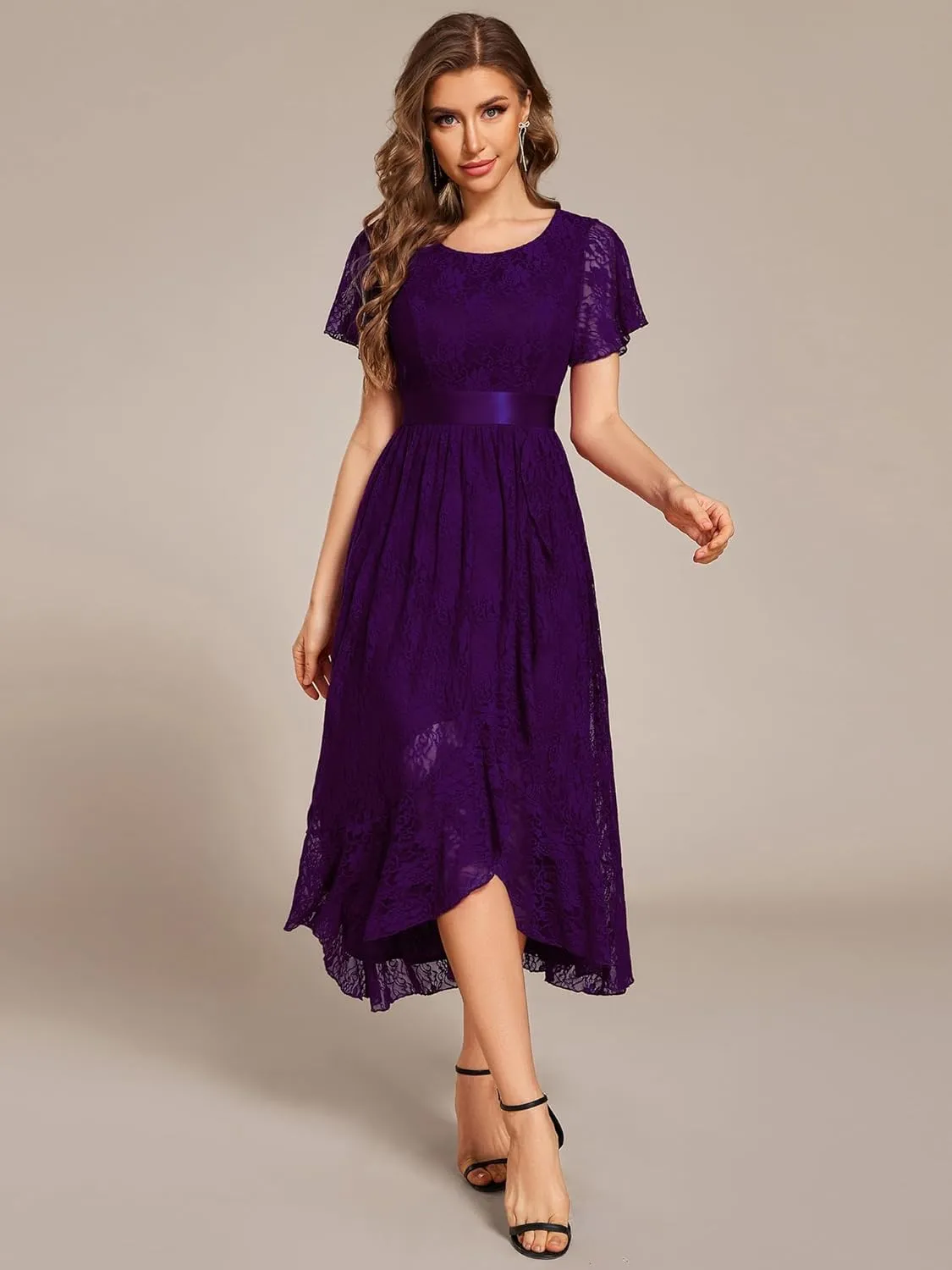 Ever-Pretty Women's Lace Short Sleeve Round Neck Empire Waist Midi High Low Evening Gown 03489