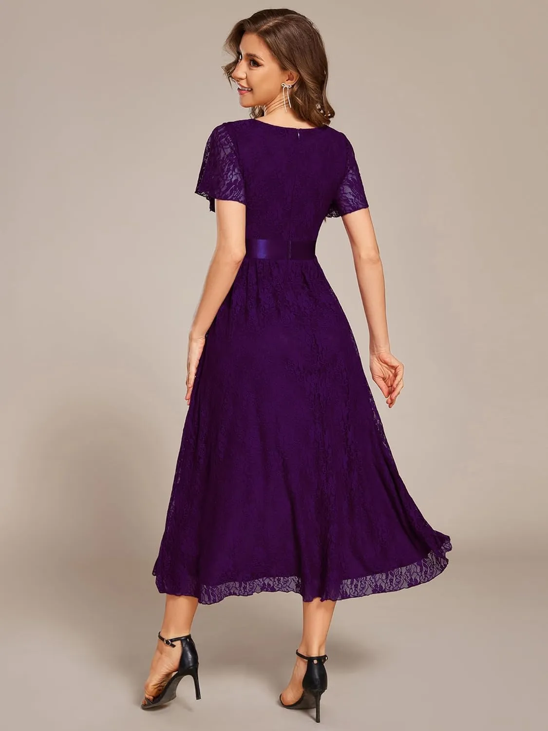 Ever-Pretty Women's Lace Short Sleeve Round Neck Empire Waist Midi High Low Evening Gown 03489