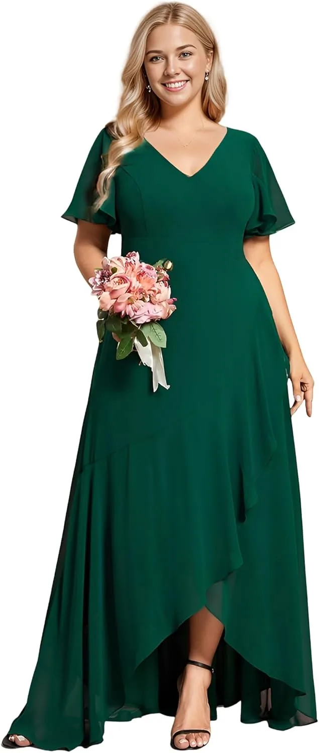 Ever-Pretty Women's Summer V Neck High Low Chiffon Plus Size Curvy Semi Formal Wedding Guest Dresses with Sleeves 1749-DAPH
