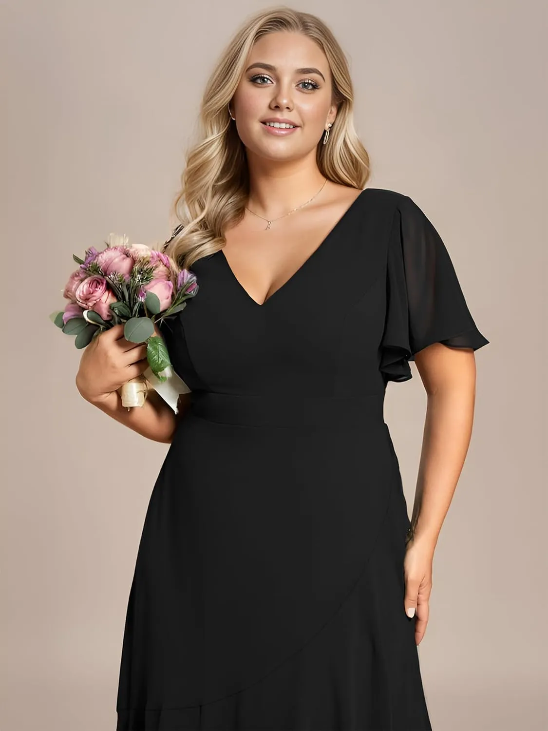 Ever-Pretty Women's Summer V Neck High Low Chiffon Plus Size Curvy Semi Formal Wedding Guest Dresses with Sleeves 1749-DAPH