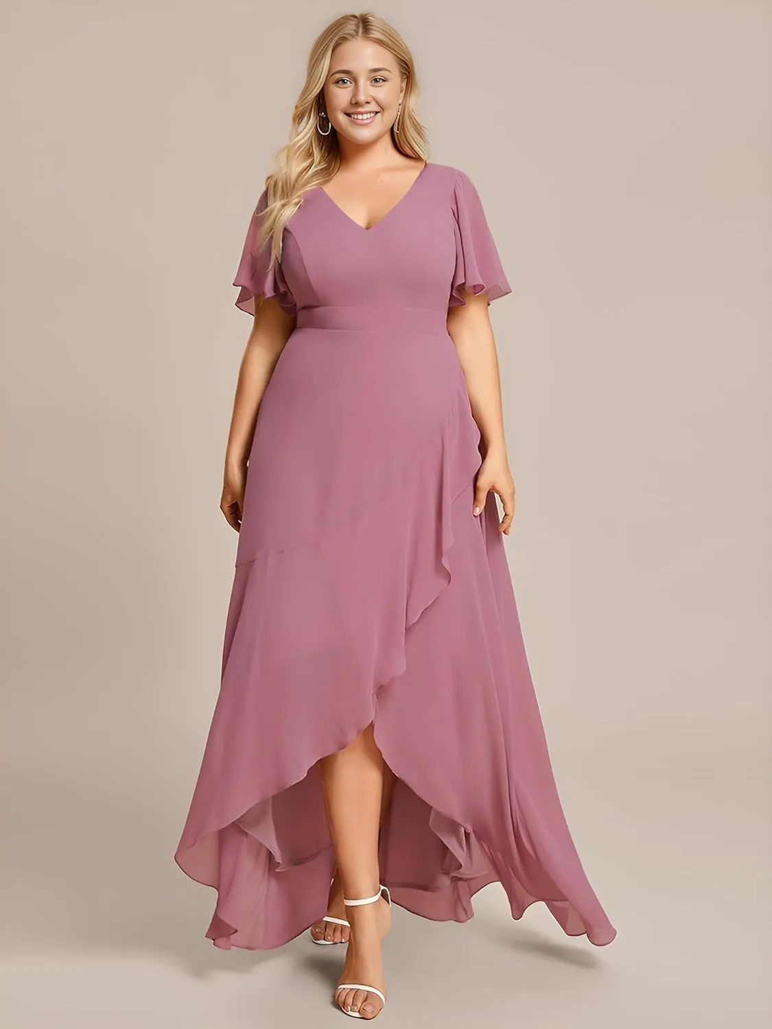 Ever-Pretty Women's Summer V Neck High Low Chiffon Plus Size Curvy Semi Formal Wedding Guest Dresses with Sleeves 1749-DAPH
