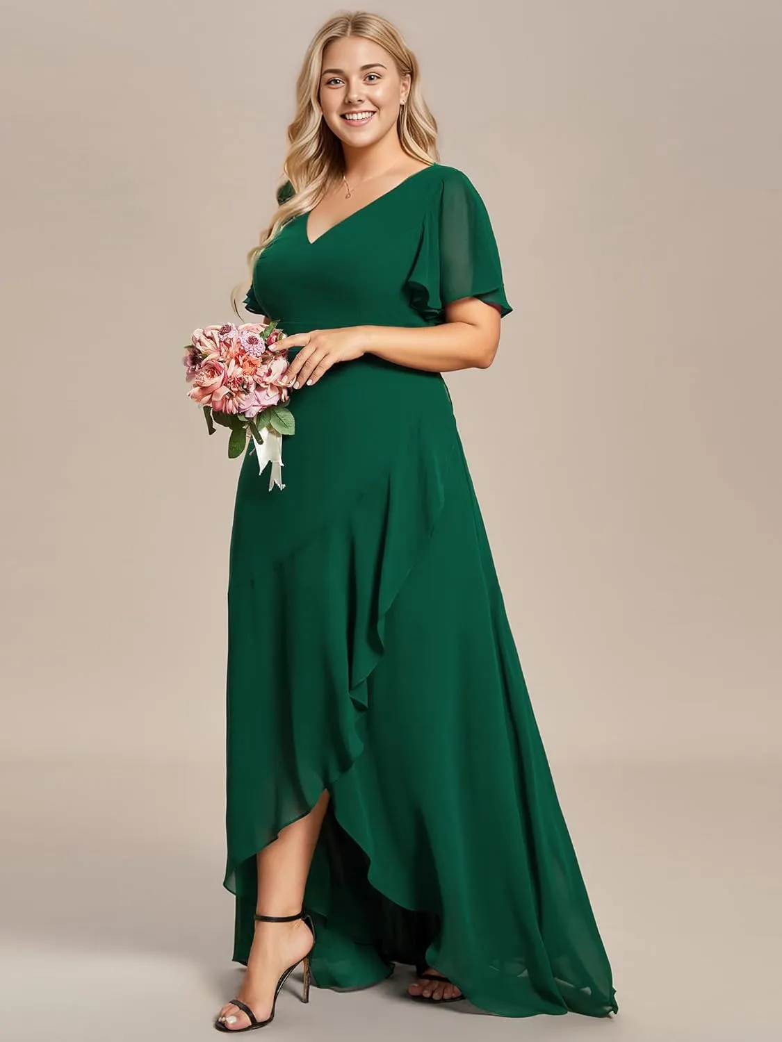 Ever-Pretty Women's Summer V Neck High Low Chiffon Plus Size Curvy Semi Formal Wedding Guest Dresses with Sleeves 1749-DAPH