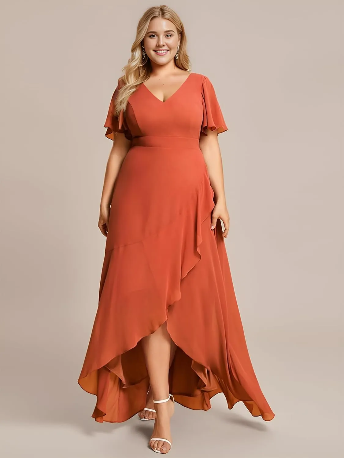Ever-Pretty Women's Summer V Neck High Low Chiffon Plus Size Curvy Semi Formal Wedding Guest Dresses with Sleeves 1749-DAPH