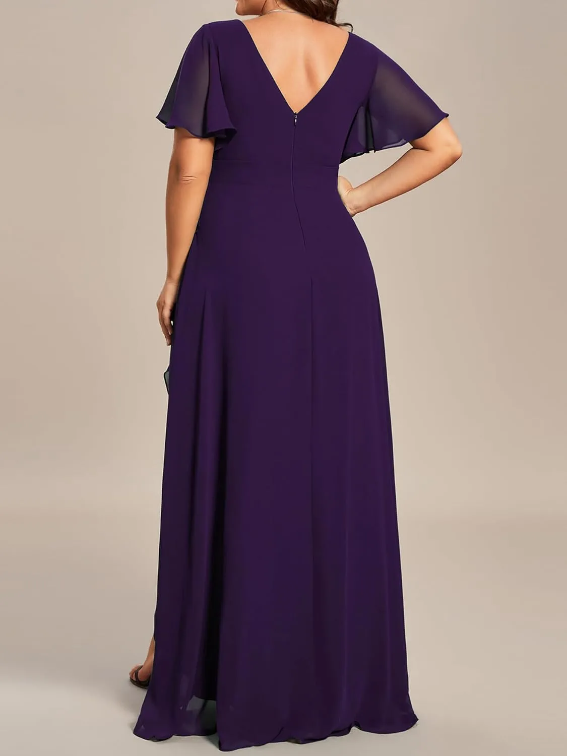 Ever-Pretty Women's Summer V Neck High Low Chiffon Plus Size Curvy Semi Formal Wedding Guest Dresses with Sleeves 1749-DAPH