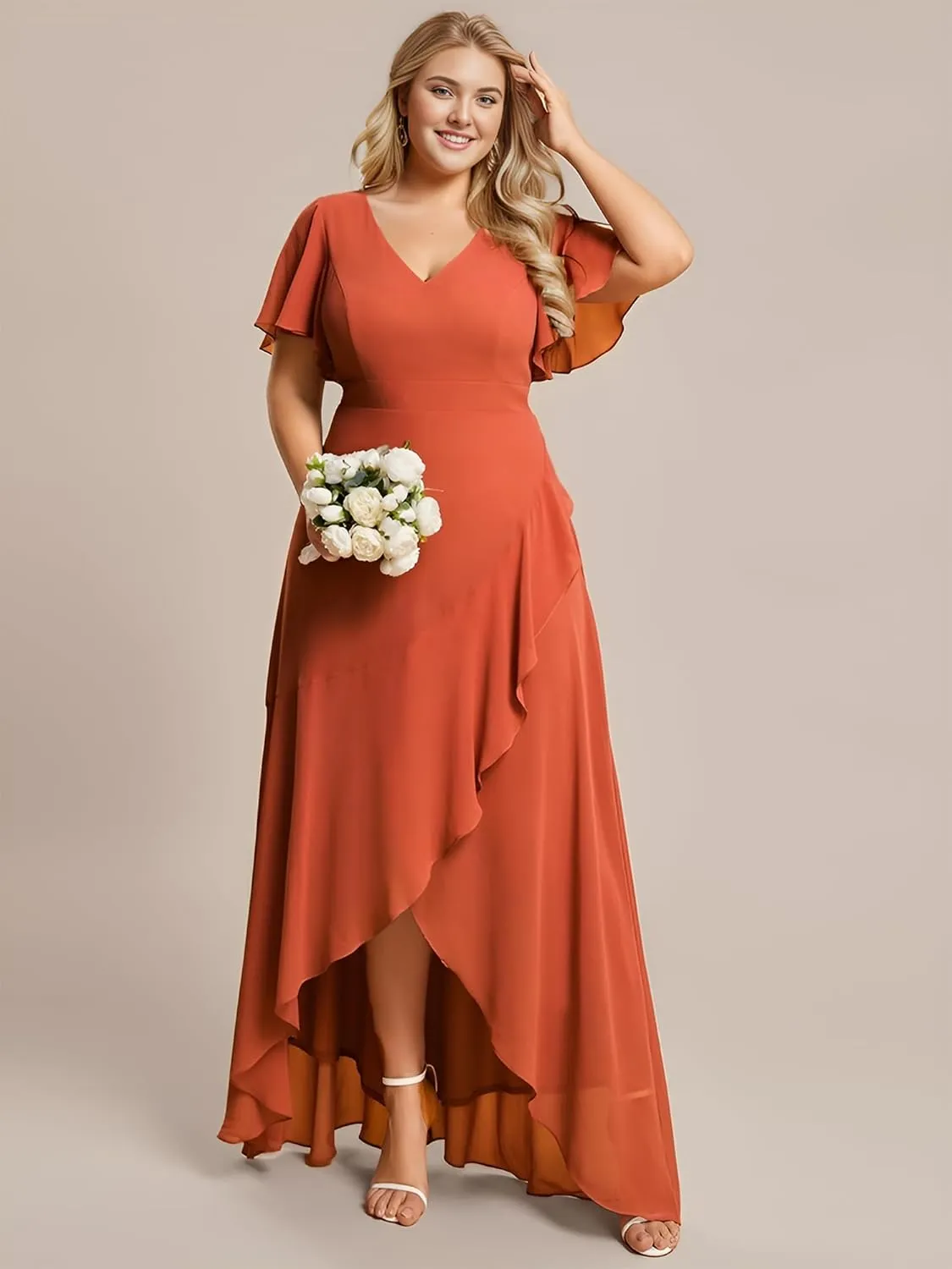 Ever-Pretty Women's Summer V Neck High Low Chiffon Plus Size Curvy Semi Formal Wedding Guest Dresses with Sleeves 1749-DAPH