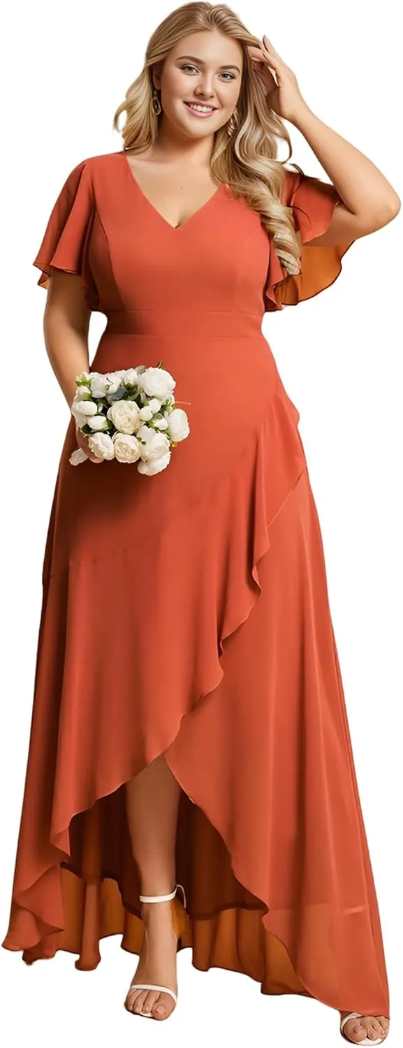Ever-Pretty Women's Summer V Neck High Low Chiffon Plus Size Curvy Semi Formal Wedding Guest Dresses with Sleeves 1749-DAPH
