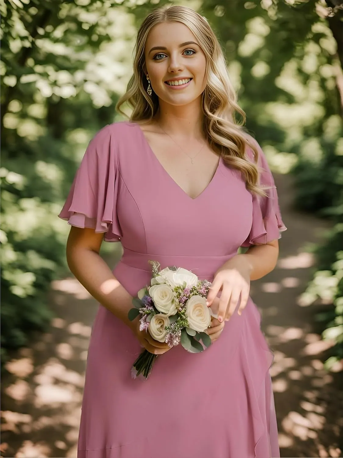 Ever-Pretty Women's Summer V Neck High Low Chiffon Plus Size Curvy Semi Formal Wedding Guest Dresses with Sleeves 1749-DAPH