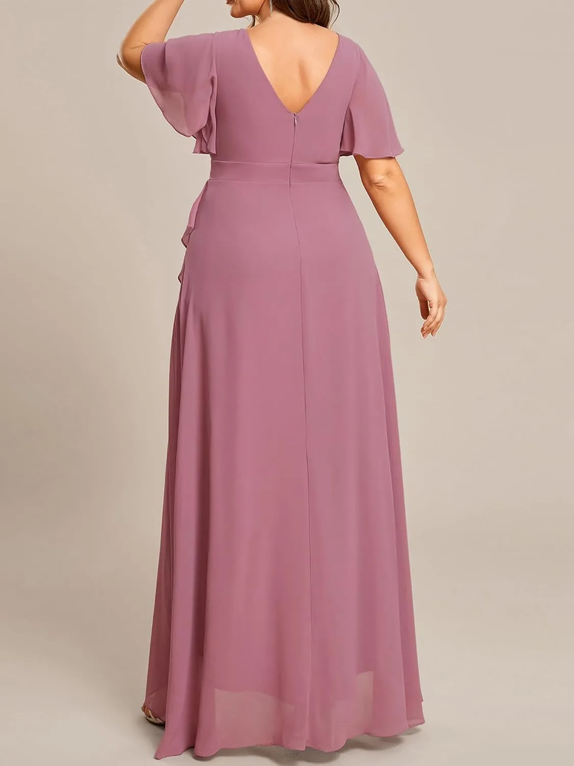 Ever-Pretty Women's Summer V Neck High Low Chiffon Plus Size Curvy Semi Formal Wedding Guest Dresses with Sleeves 1749-DAPH