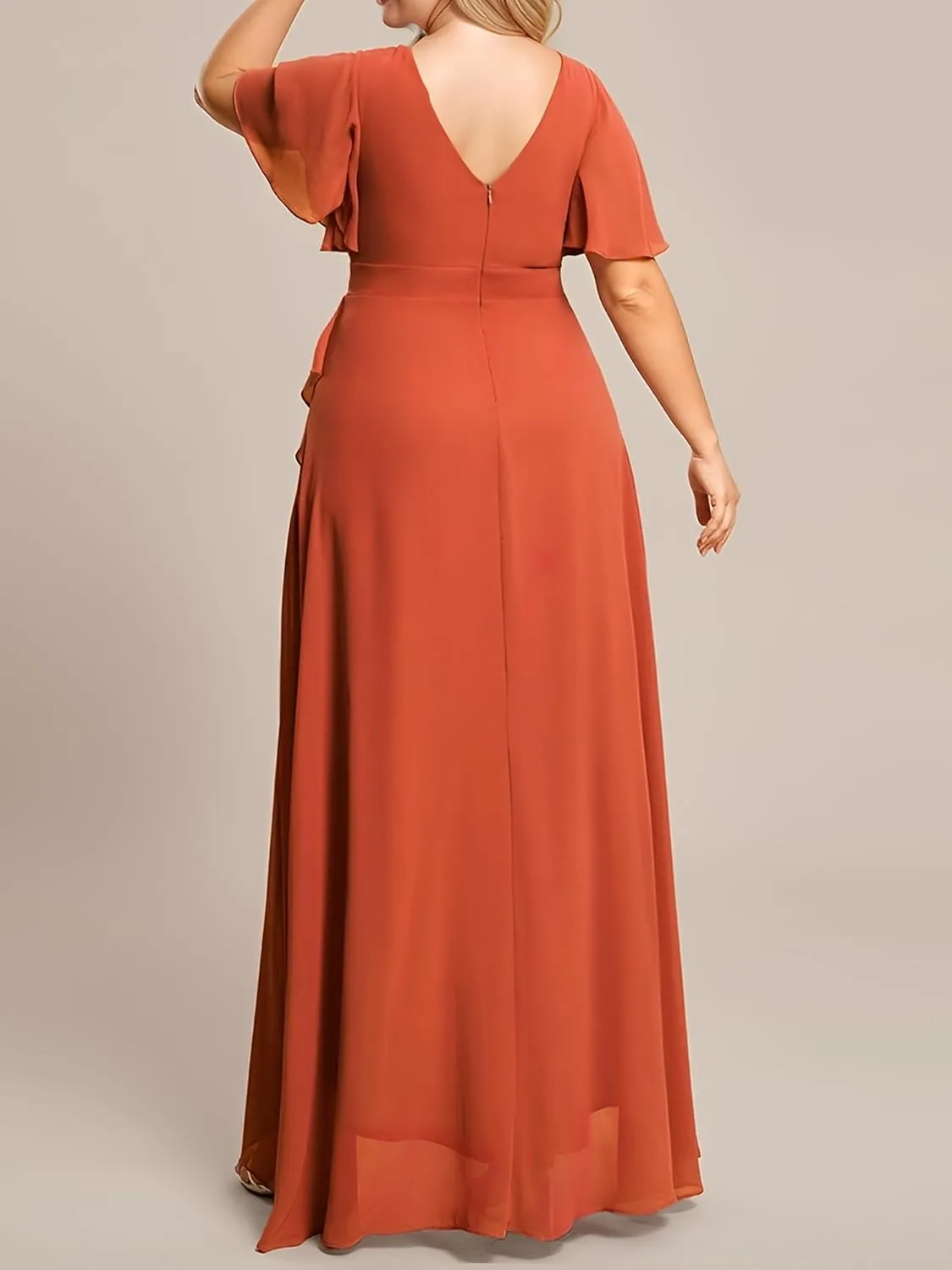 Ever-Pretty Women's Summer V Neck High Low Chiffon Plus Size Curvy Semi Formal Wedding Guest Dresses with Sleeves 1749-DAPH