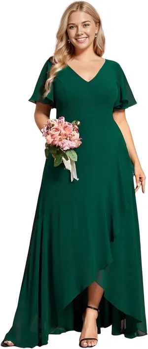 Ever-Pretty Women's Summer V Neck High Low Chiffon Plus Size Curvy Semi Formal Wedding Guest Dresses with Sleeves 1749-DAPH