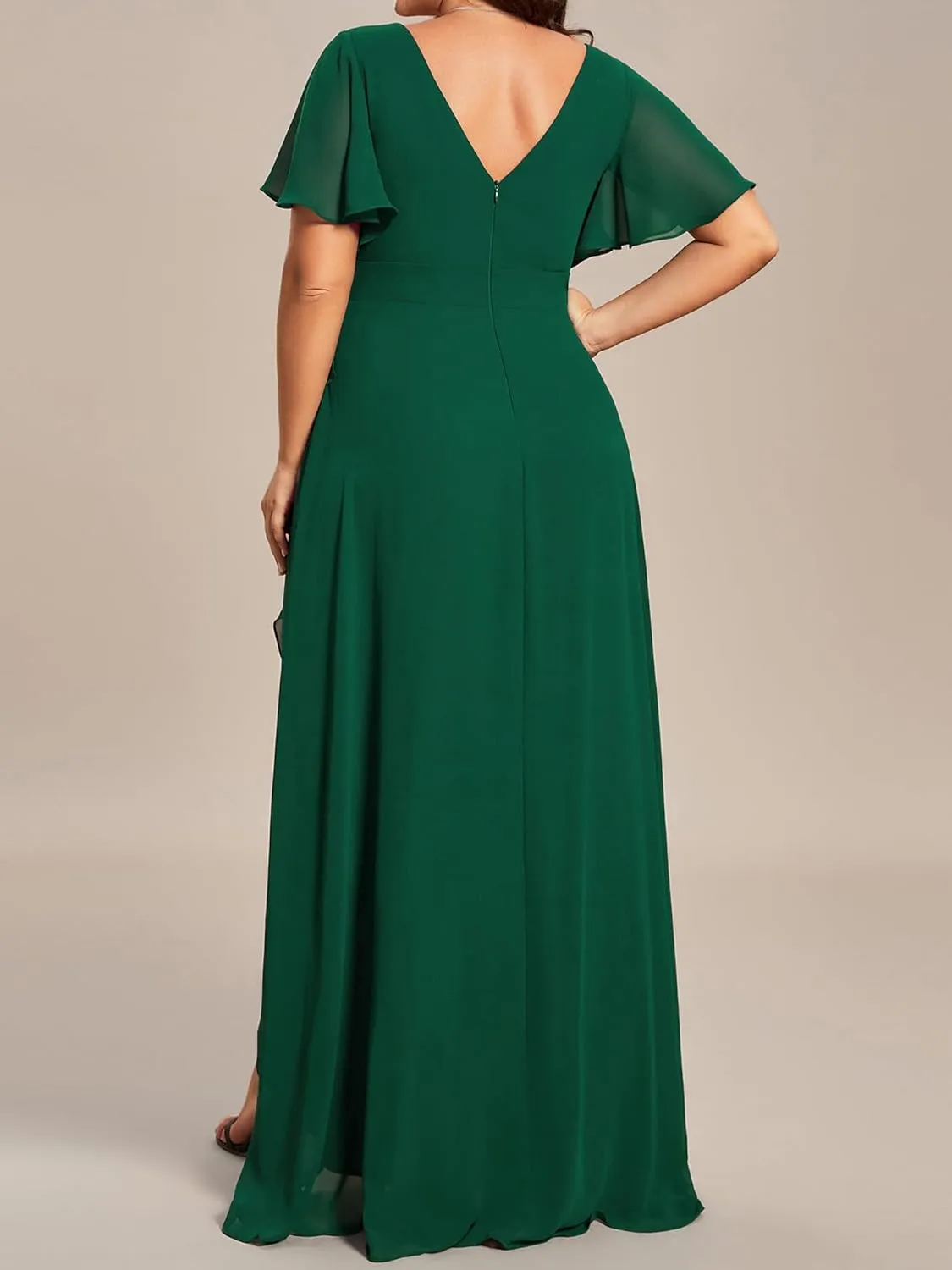 Ever-Pretty Women's Summer V Neck High Low Chiffon Plus Size Curvy Semi Formal Wedding Guest Dresses with Sleeves 1749-DAPH