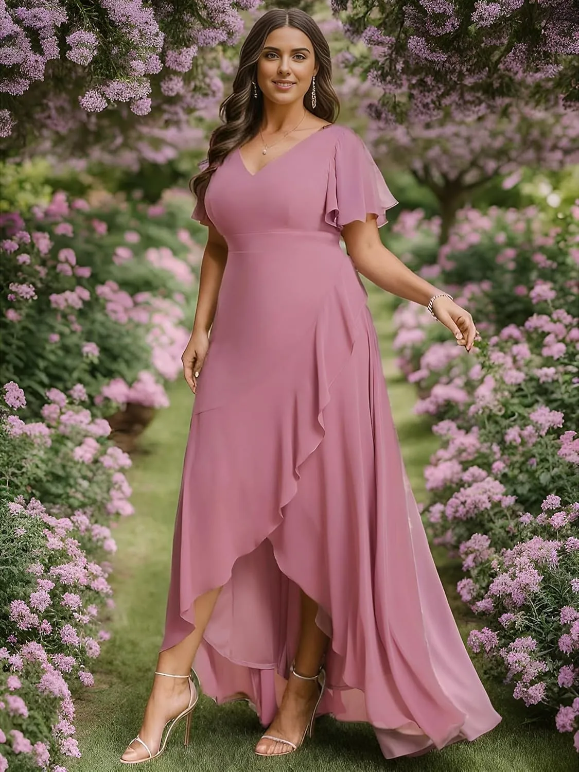 Ever-Pretty Women's Summer V Neck High Low Chiffon Plus Size Curvy Semi Formal Wedding Guest Dresses with Sleeves 1749-DAPH