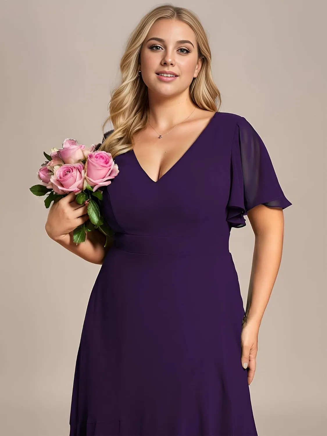 Ever-Pretty Women's Summer V Neck High Low Chiffon Plus Size Curvy Semi Formal Wedding Guest Dresses with Sleeves 1749-DAPH