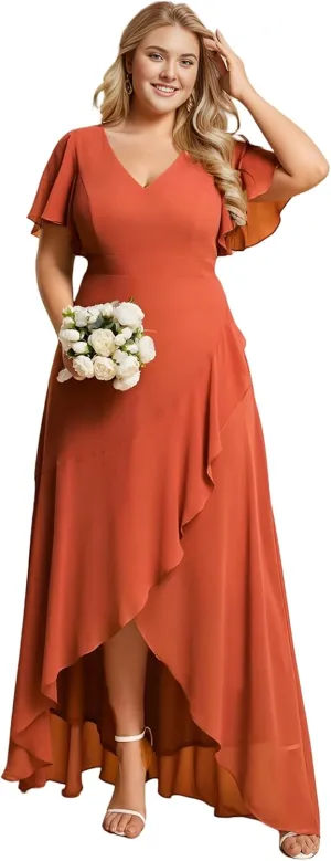 Ever-Pretty Women's Summer V Neck High Low Chiffon Plus Size Curvy Semi Formal Wedding Guest Dresses with Sleeves 1749-DAPH