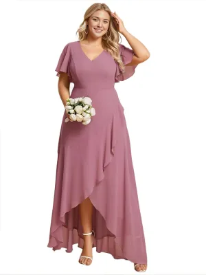 Ever-Pretty Women's Summer V Neck High Low Chiffon Plus Size Curvy Semi Formal Wedding Guest Dresses with Sleeves 1749-DAPH