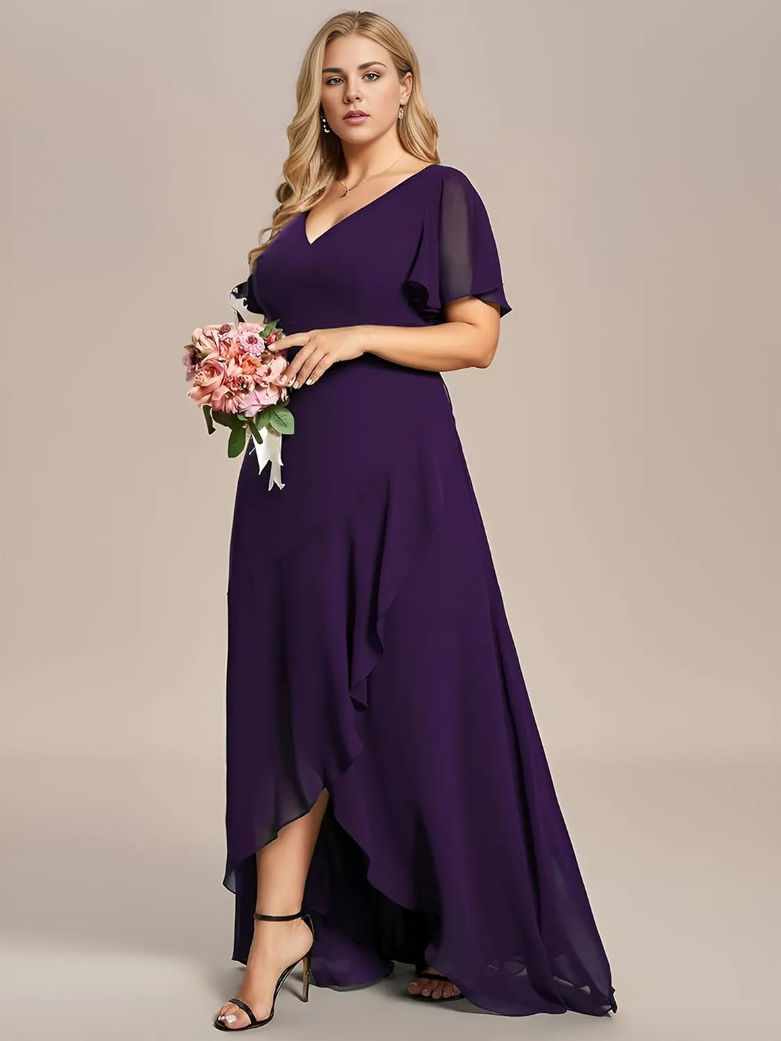 Ever-Pretty Women's Summer V Neck High Low Chiffon Plus Size Curvy Semi Formal Wedding Guest Dresses with Sleeves 1749-DAPH