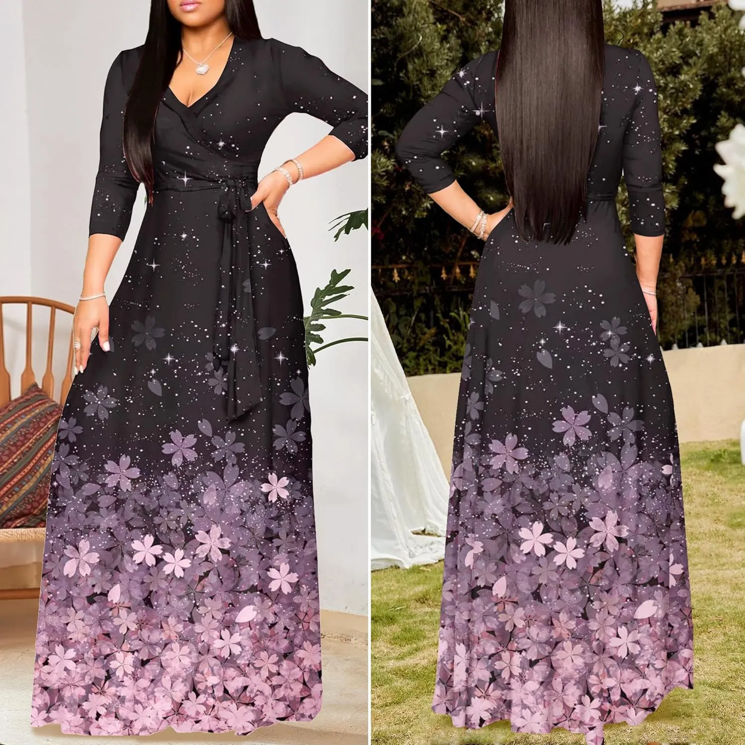 FANDEE Plus Size Maxi Dress for Women Casual Summer Sundress V-Neck 3/4 Sleeve