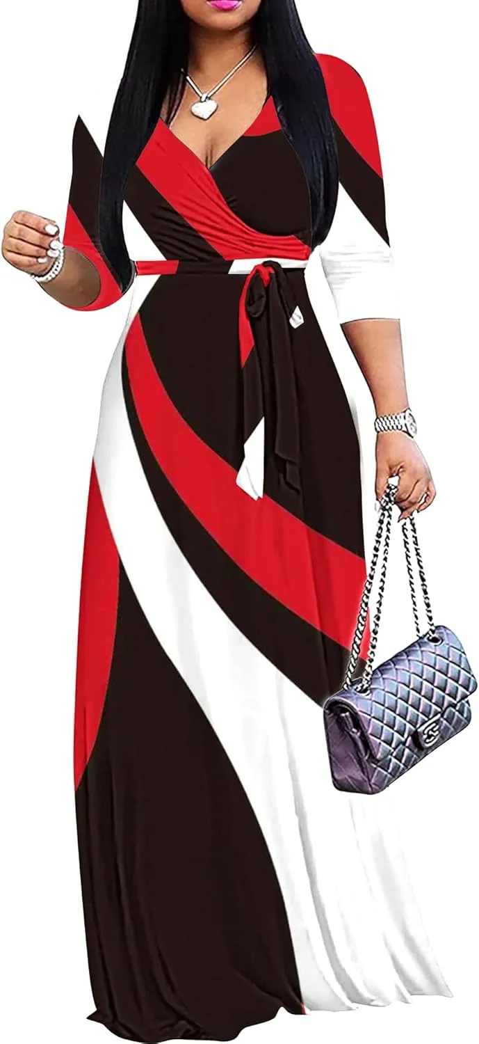FANDEE Plus Size Maxi Dress for Women Casual Summer Sundress V-Neck 3/4 Sleeve