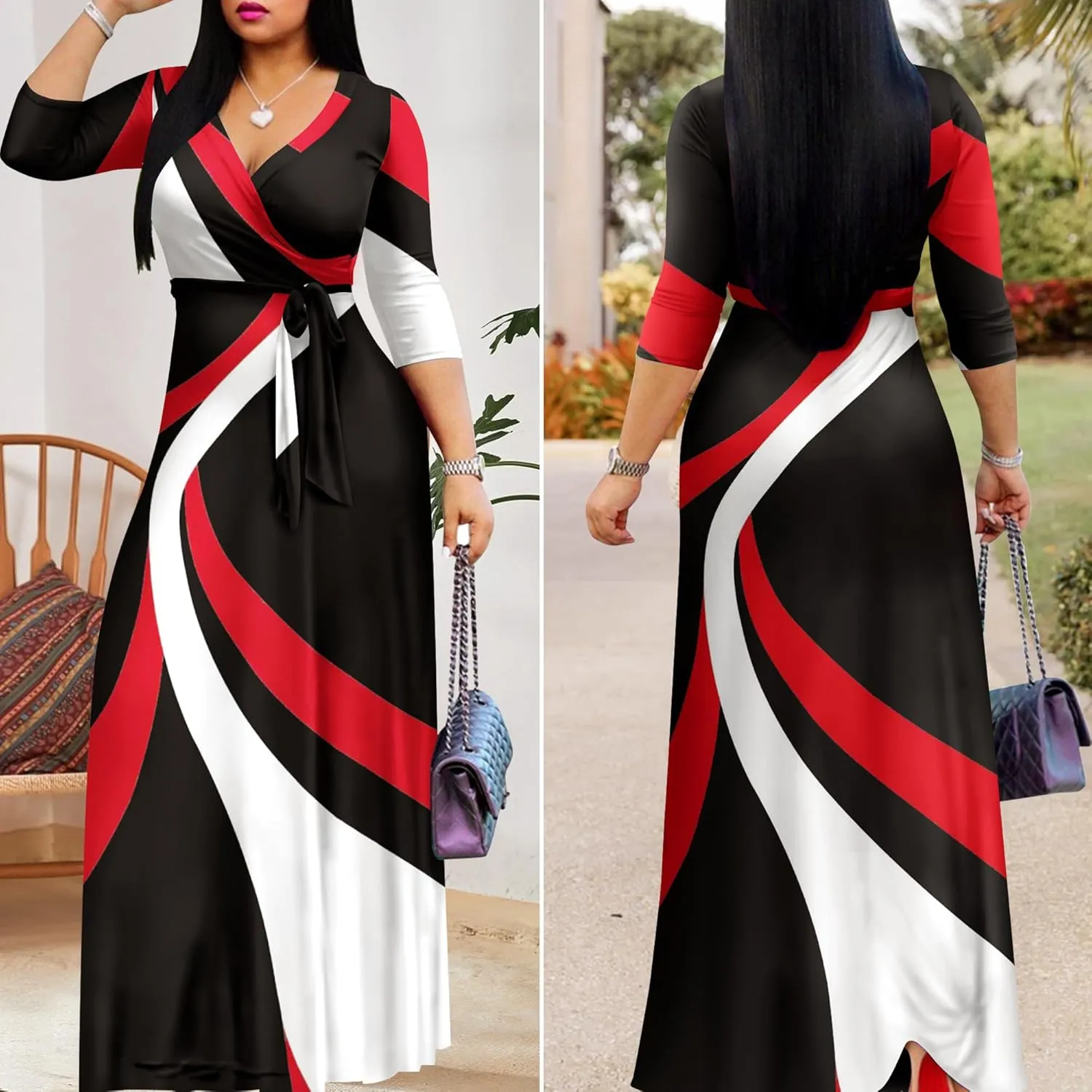 FANDEE Plus Size Maxi Dress for Women Casual Summer Sundress V-Neck 3/4 Sleeve