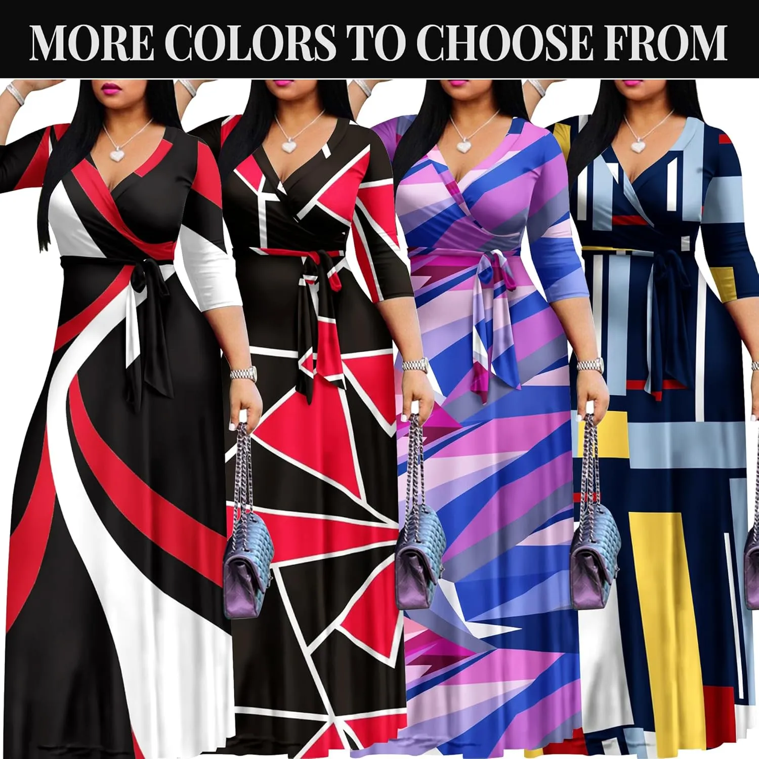 FANDEE Plus Size Maxi Dress for Women Casual Summer Sundress V-Neck 3/4 Sleeve