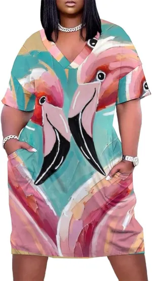 Flamingos Midi Dresses Plus Size Women Dress Casual Loose V Neck Short Sleeve Tshirt Dresse Sexy Pocket Skirts