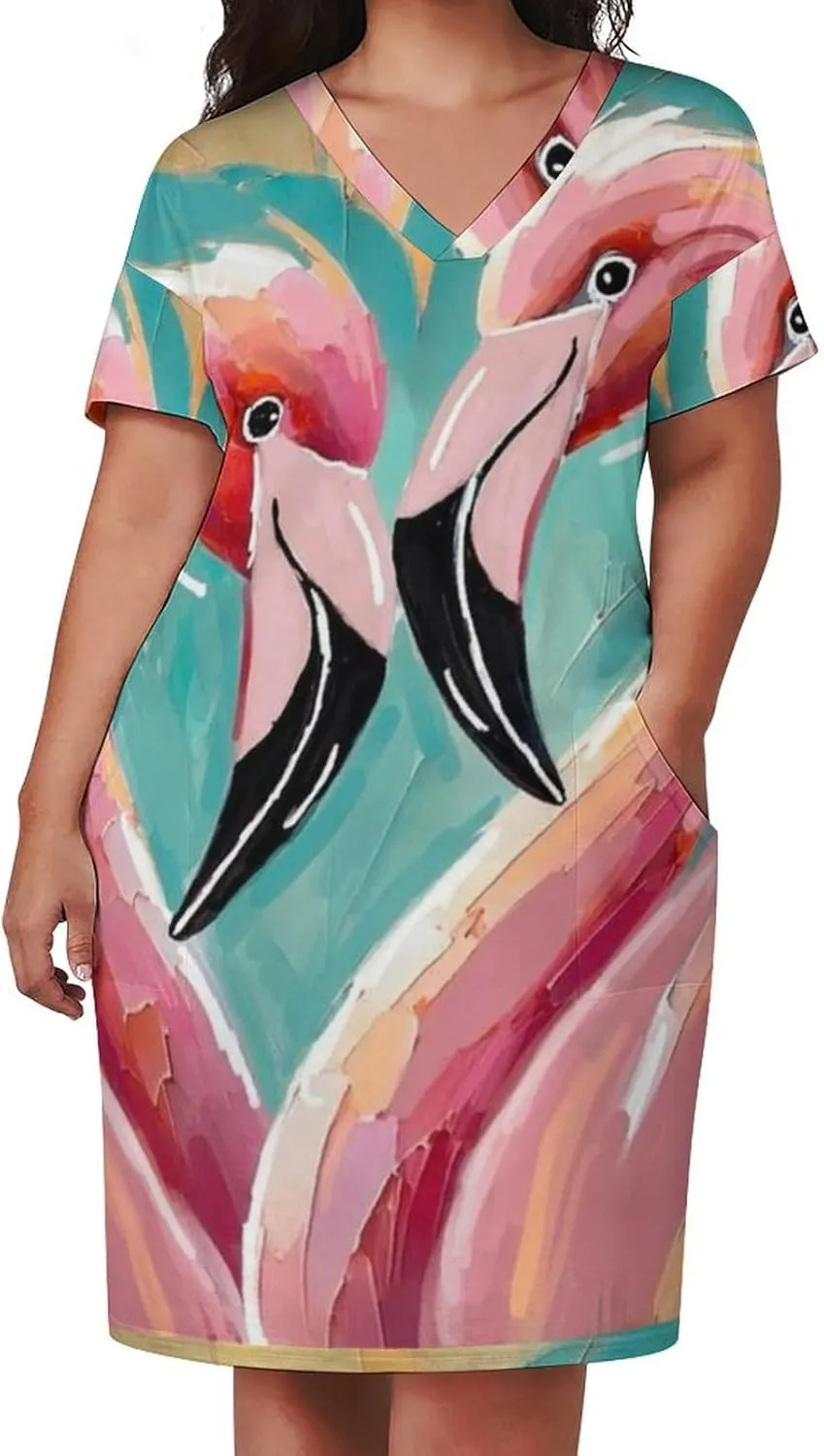 Flamingos Midi Dresses Plus Size Women Dress Casual Loose V Neck Short Sleeve Tshirt Dresse Sexy Pocket Skirts