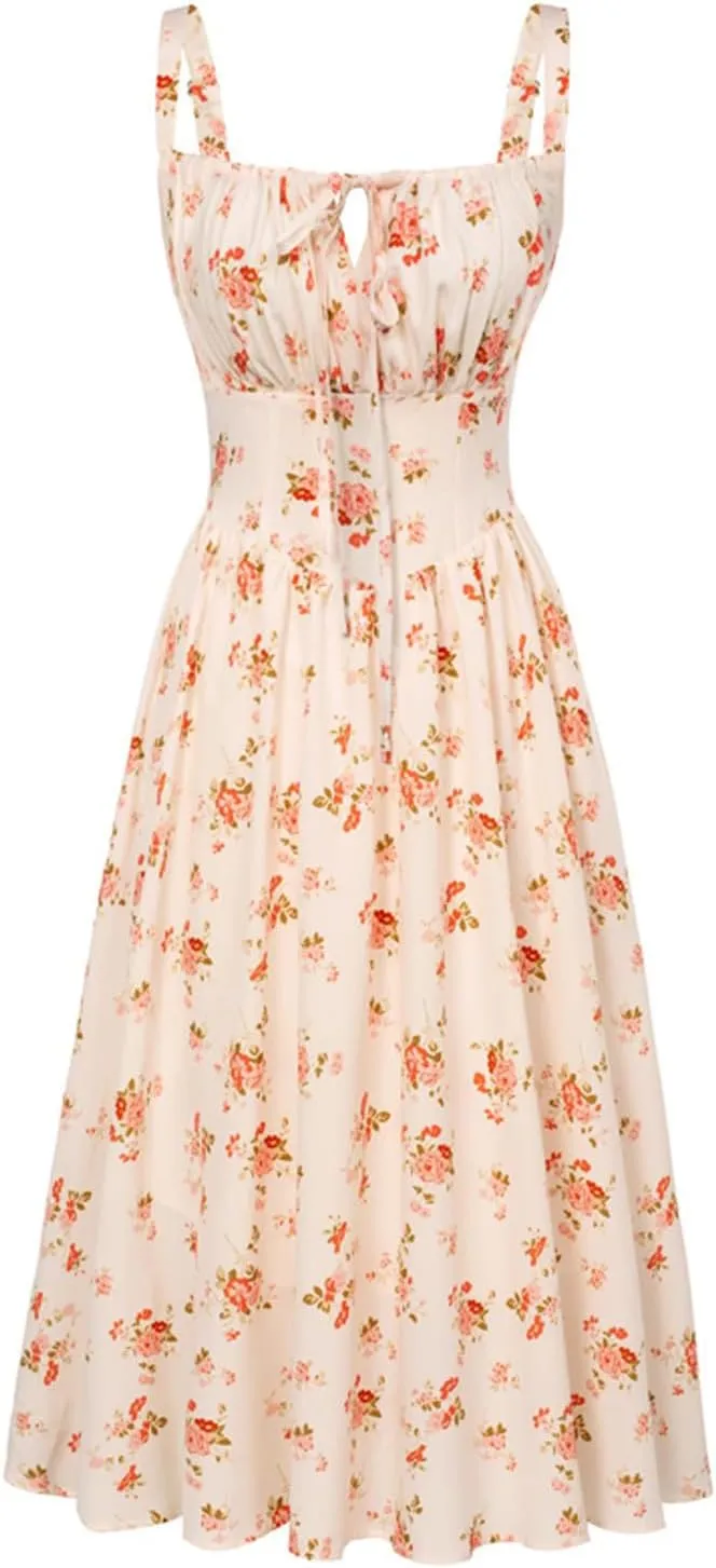 Floral Corset Milkmaid Dress Sun Dress Tea Midi Flowy Dresses for Women 2025 Beach Summer Garden Party Wedding Guest