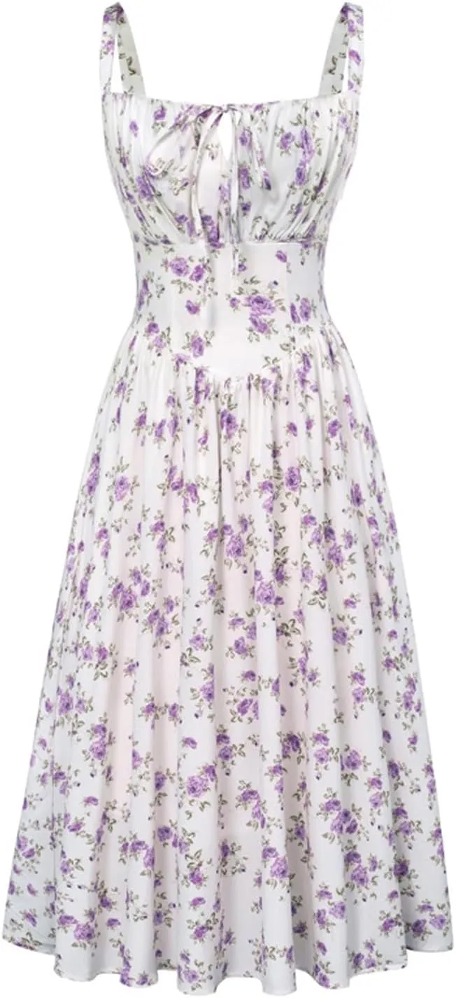 Floral Corset Milkmaid Dress Sun Dress Tea Midi Flowy Dresses for Women 2025 Beach Summer Garden Party Wedding Guest
