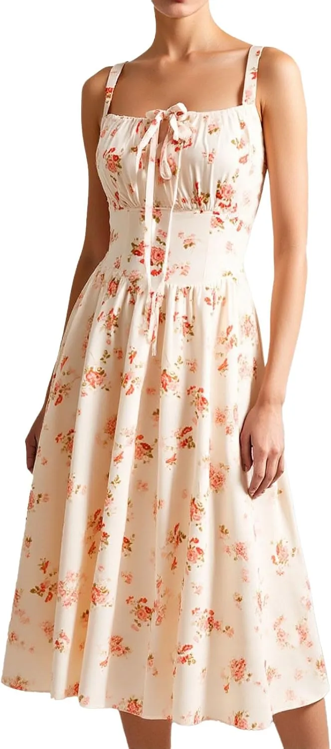 Floral Corset Milkmaid Dress Sun Dress Tea Midi Flowy Dresses for Women 2025 Beach Summer Garden Party Wedding Guest