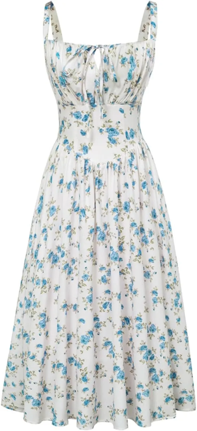 Floral Corset Milkmaid Dress Sun Dress Tea Midi Flowy Dresses for Women 2025 Beach Summer Garden Party Wedding Guest