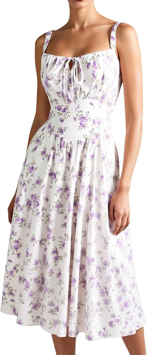 Floral Corset Milkmaid Dress Sun Dress Tea Midi Flowy Dresses for Women 2025 Beach Summer Garden Party Wedding Guest