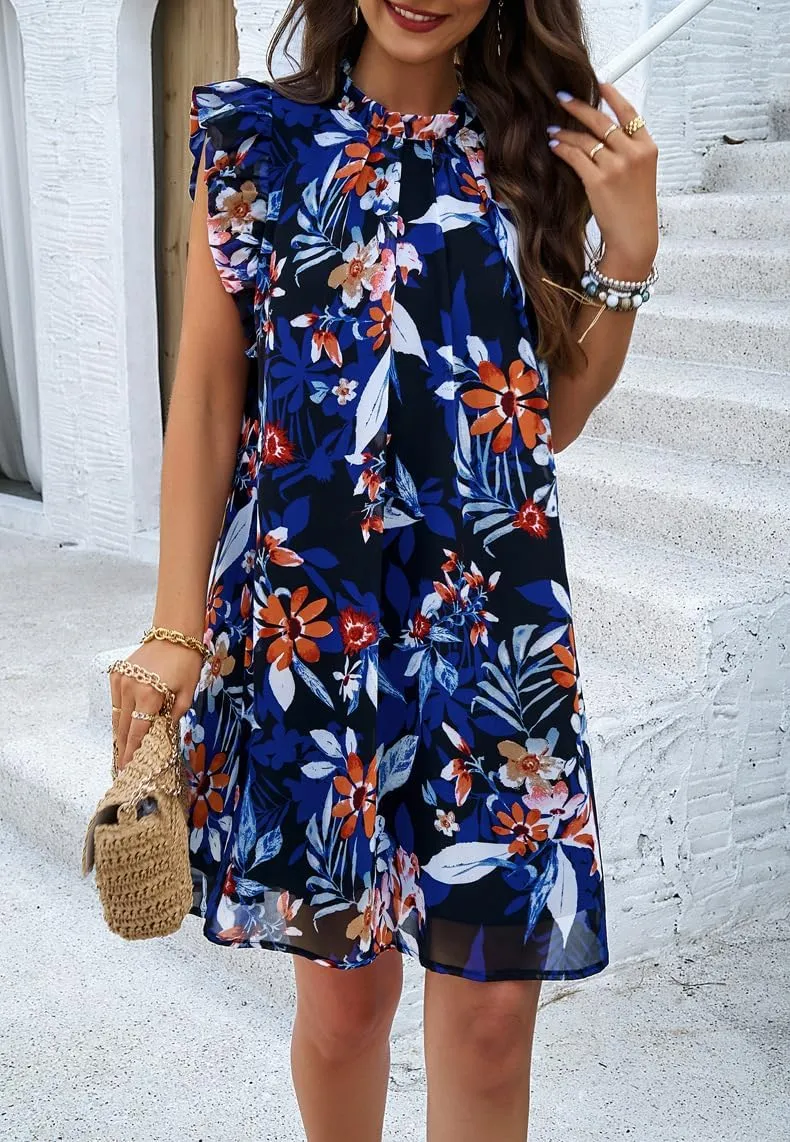 Floral Dresses for Women Summer Loose Casual Short Ruffle Sleeve Print Mini Dress S~XL