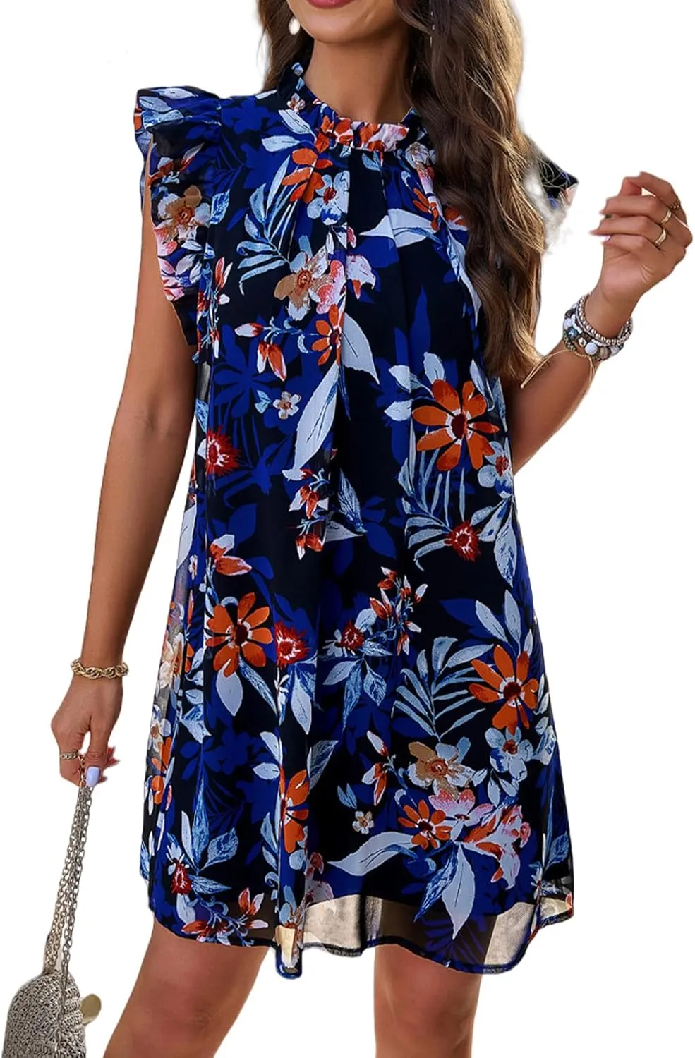 Floral Dresses for Women Summer Loose Casual Short Ruffle Sleeve Print Mini Dress S~XL