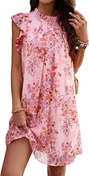 Floral Dresses for Women Summer Loose Casual Short Ruffle Sleeve Print Mini Dress S~XL