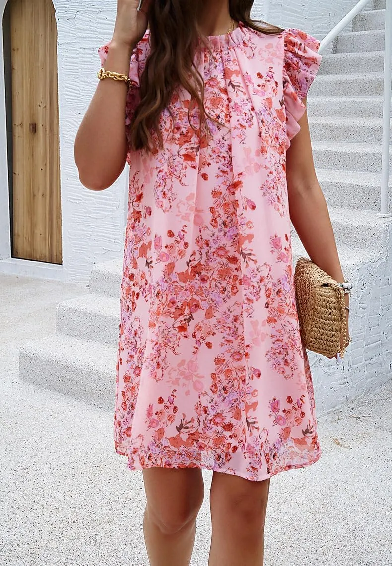Floral Dresses for Women Summer Loose Casual Short Ruffle Sleeve Print Mini Dress S~XL