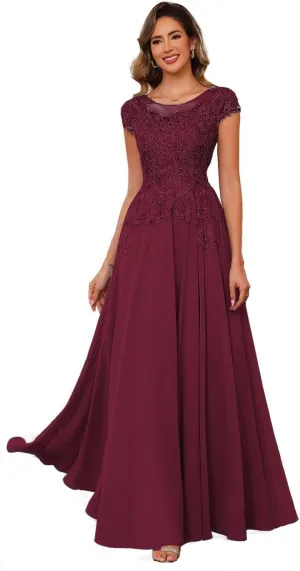 Floral Lace Mother of The Bride Dresses for Wedding Short Sleeve Illusion Formal Evening Dresses for Women AD041