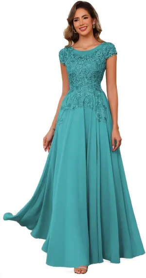 Floral Lace Mother of The Bride Dresses for Wedding Short Sleeve Illusion Formal Evening Dresses for Women AD041
