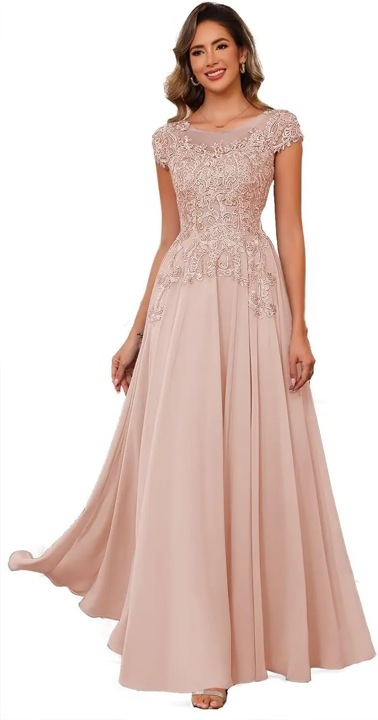 Floral Lace Mother of The Bride Dresses for Wedding Short Sleeve Illusion Formal Evening Dresses for Women AD041