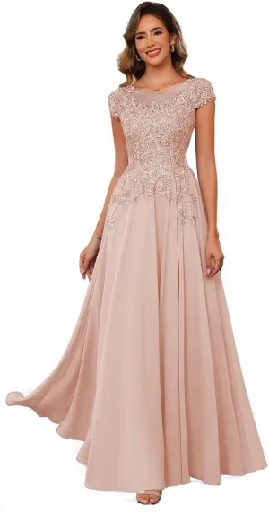 Floral Lace Mother of The Bride Dresses for Wedding Short Sleeve Illusion Formal Evening Dresses for Women AD041