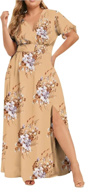 Floral Maxi Dresses for Women 2025 Summer Plus Size V Neck Flowy Split Long Dress Casual Baggy Comfy Beach Vacation Sundress
